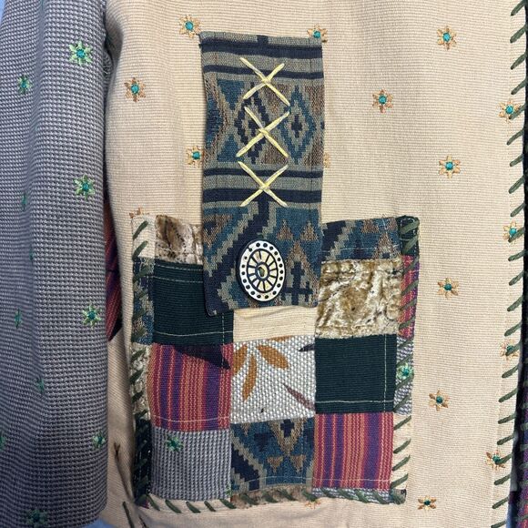 Vtg Up Cycled Patchwork Jacket XL Embroidered Lagenlook Teacher Pockets Oversize - Picture 2 of 16